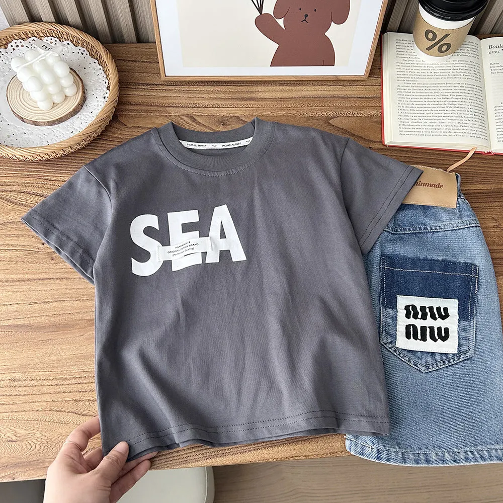 مجموعة اروين arwen&ajh group New 2024 Summer Children's Clothing Boys' Cotton Korean Style Loose Round Neck Short Sleeve Half Sleeve T-shirt Top Wholesale