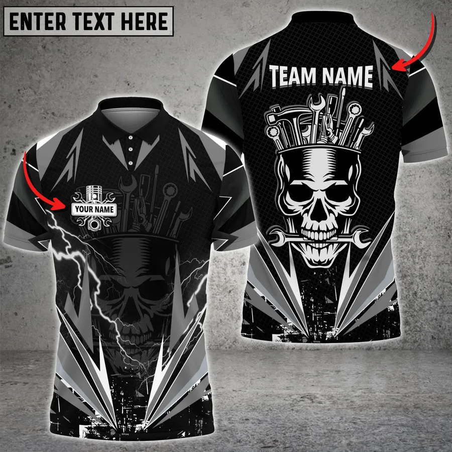 Auto Mechanic Thunder Skull Custom Name Multi Color Printed 3D Polo Shirt