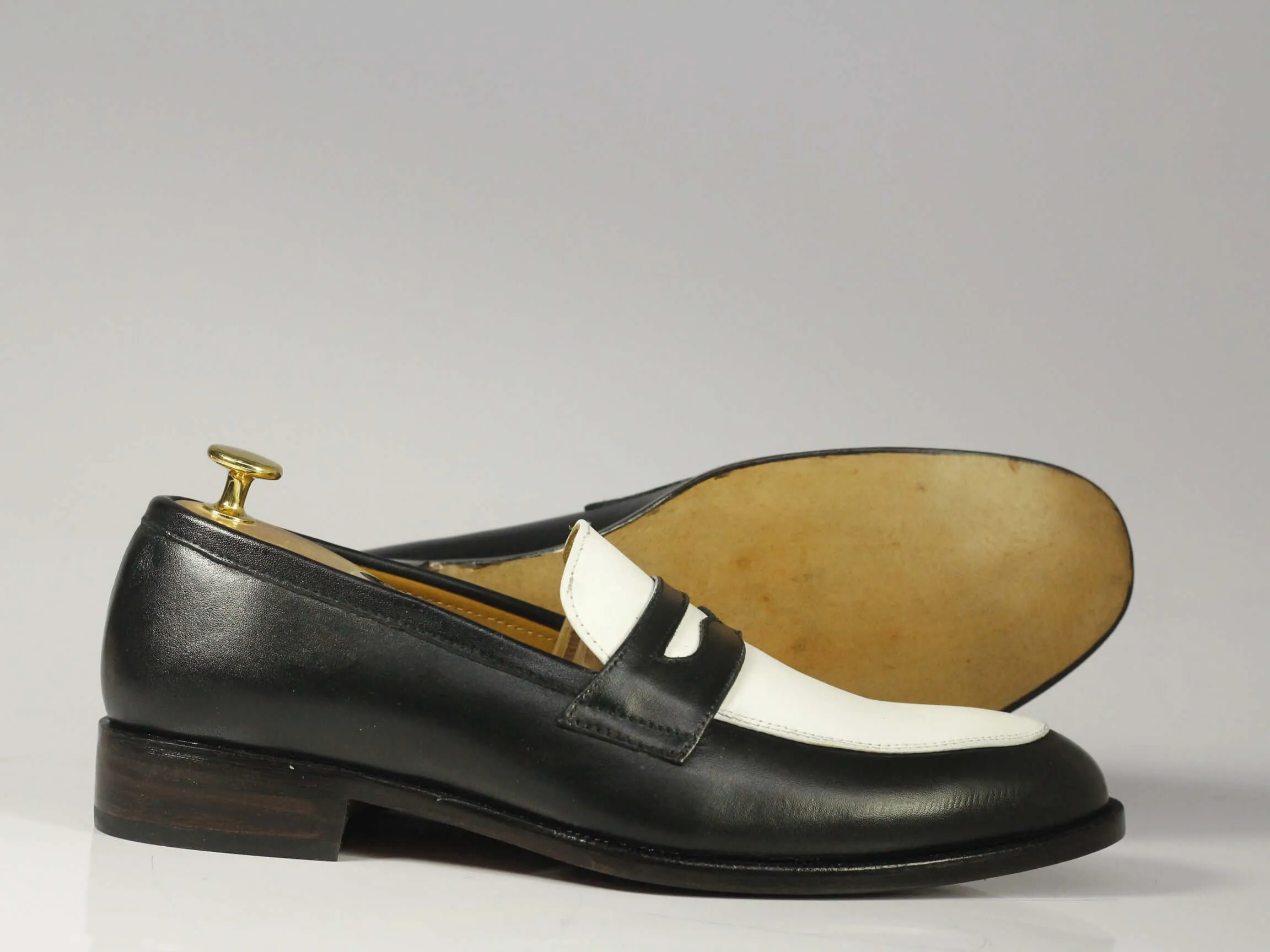 Bespoke Black White Penny Loafer Leather Shoes,Men's Fashion Shoes