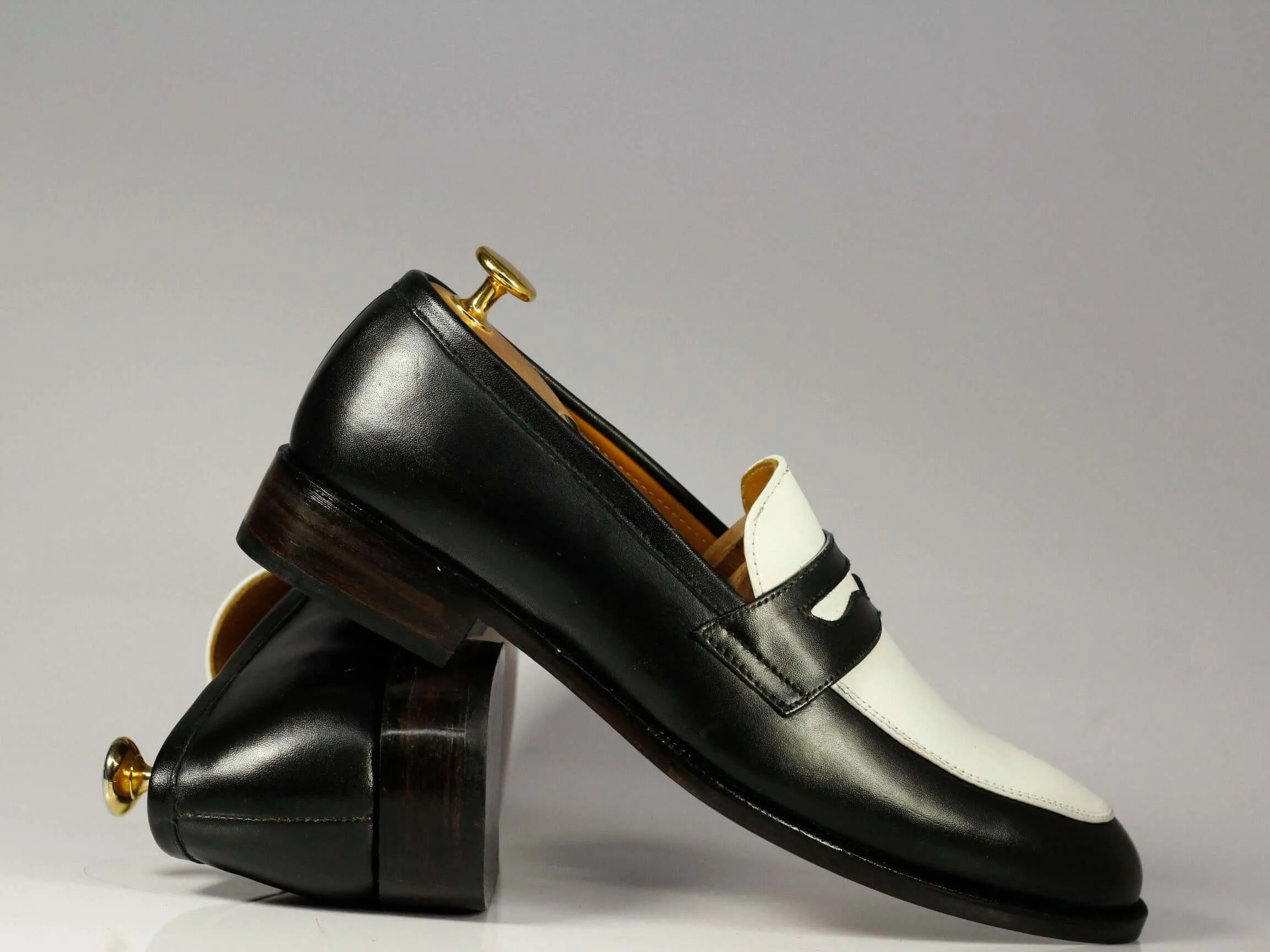 Bespoke Black White Penny Loafer Leather Shoes,Men's Fashion Shoes