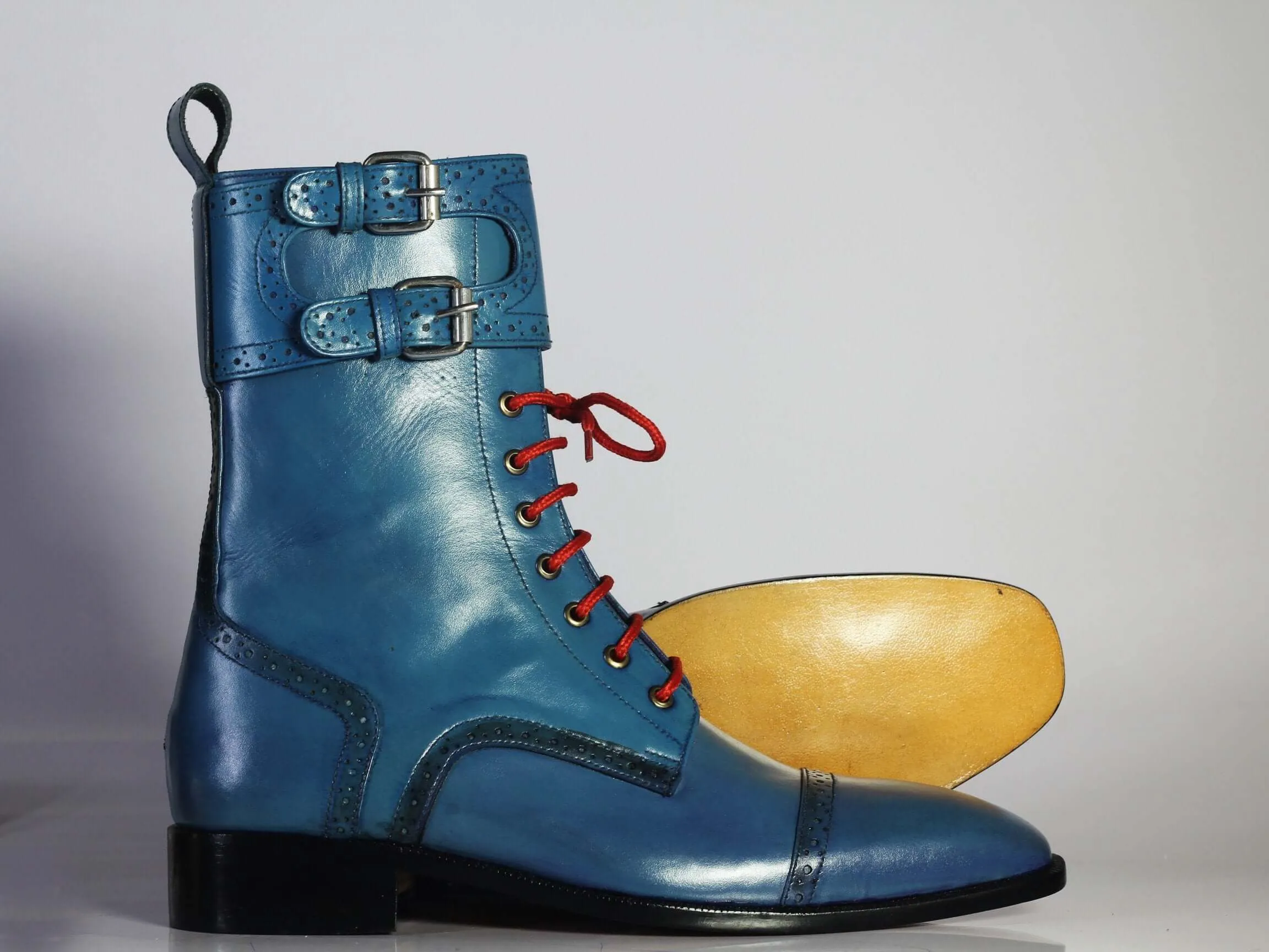 Bespoke Blue Leather Ankle Monk Strap Cap Toe Lace Up Boot