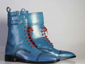 Bespoke Blue Leather Ankle Monk Strap Cap Toe Lace Up Boot