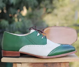 Bespoke Green & White Leather Suede Wing Tip Lace Up Shoe for Men's