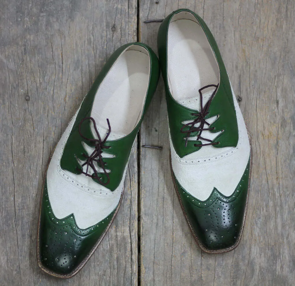 Bespoke Green & White Leather Suede Wing Tip Lace Up Shoe for Men's