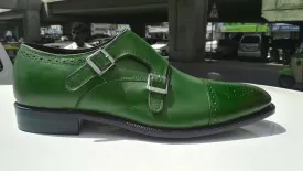 Bespoke Green Leather Monk Strap Cap Toe Shoe for Men