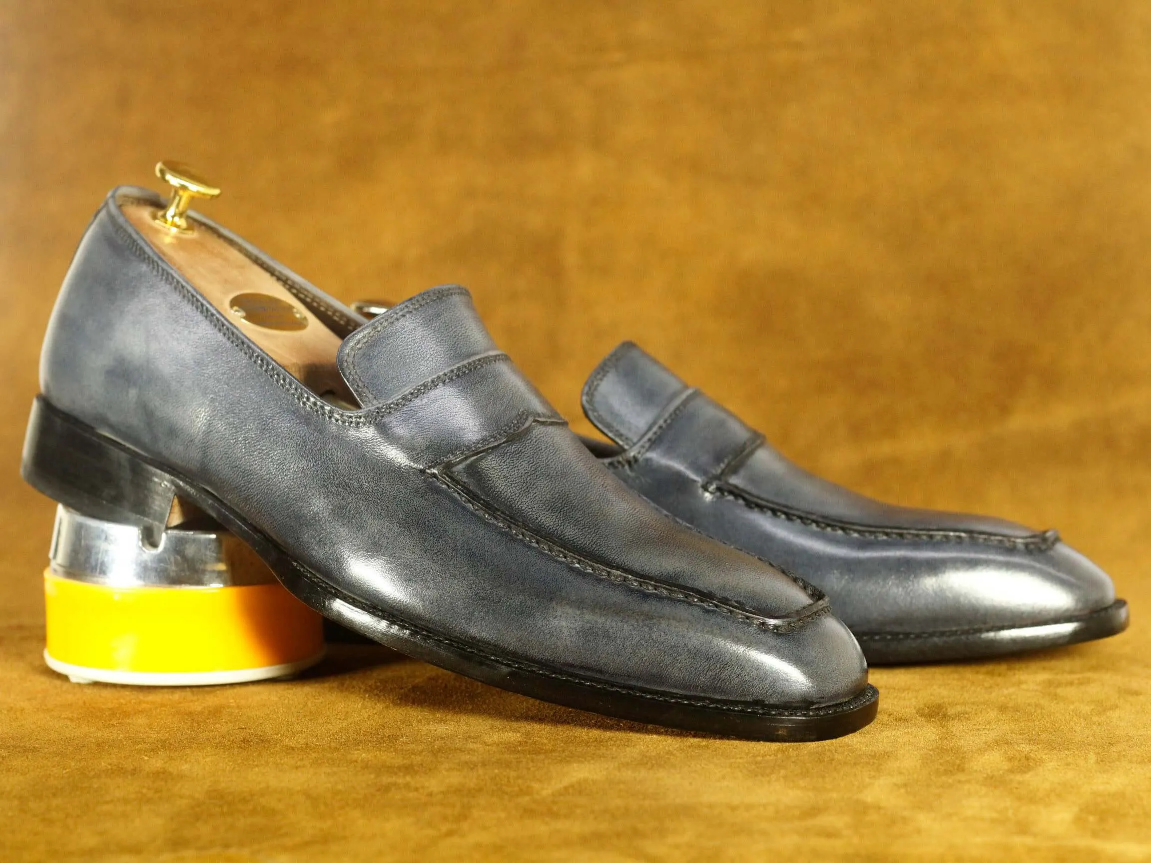 Bespoke Grey Penny Loafer Shoes  Men's dress Leather Shoe