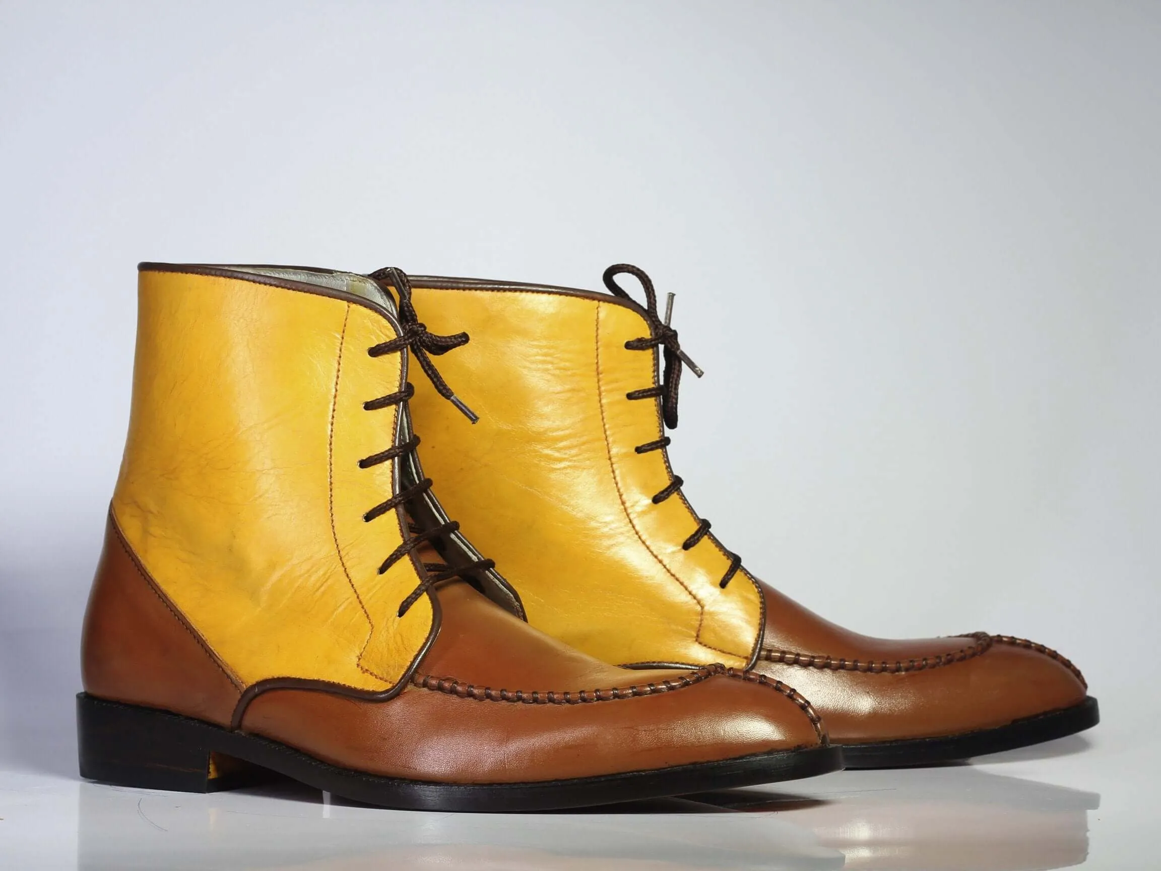 Bespoke Yellow & Brown Leather Split Toe Lace Up Boot