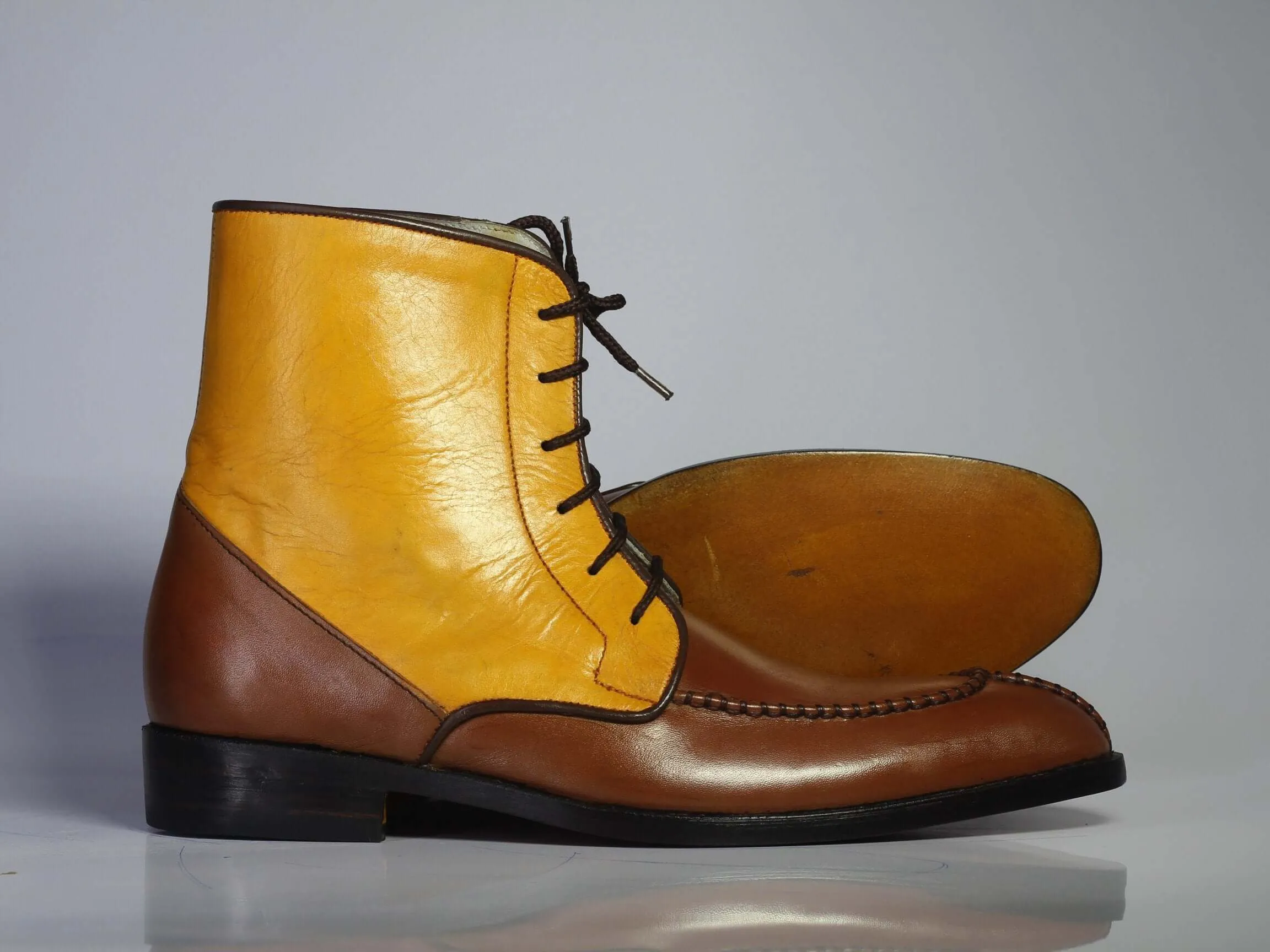 Bespoke Yellow & Brown Leather Split Toe Lace Up Boot