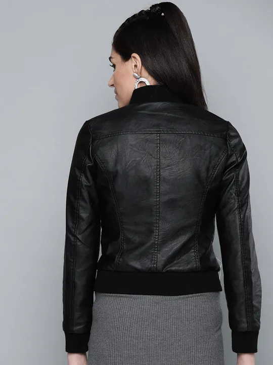 Black Solid Bomber Leather Jacket