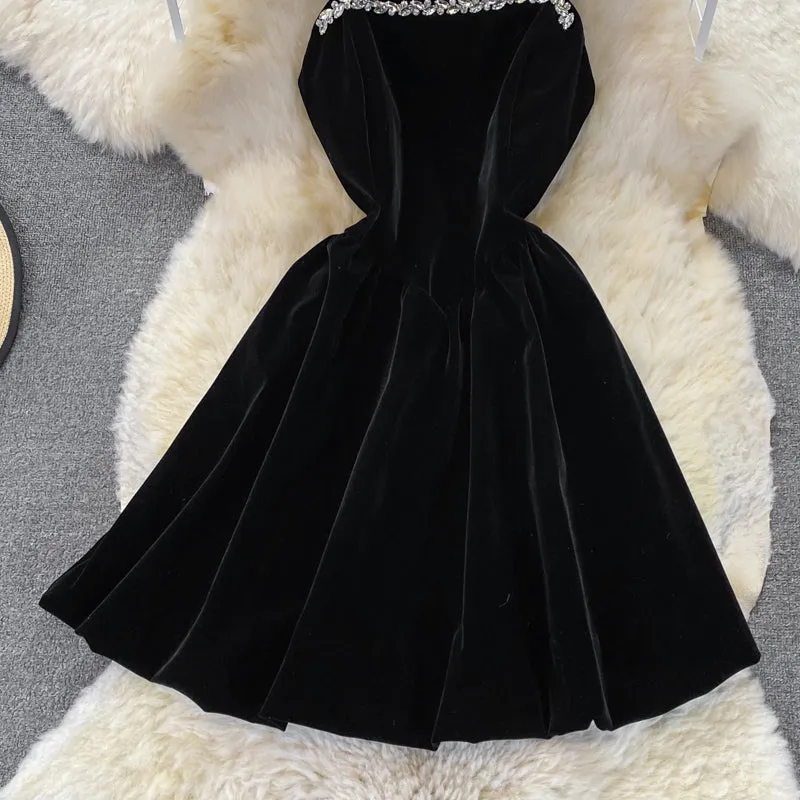 Black velvet short dress black fashion dress    S477