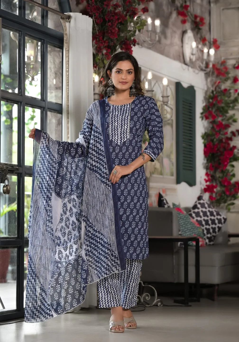 Blue Ethnic Motif Printed Cotton Kurta, Pant And Dupatta Set With Lace