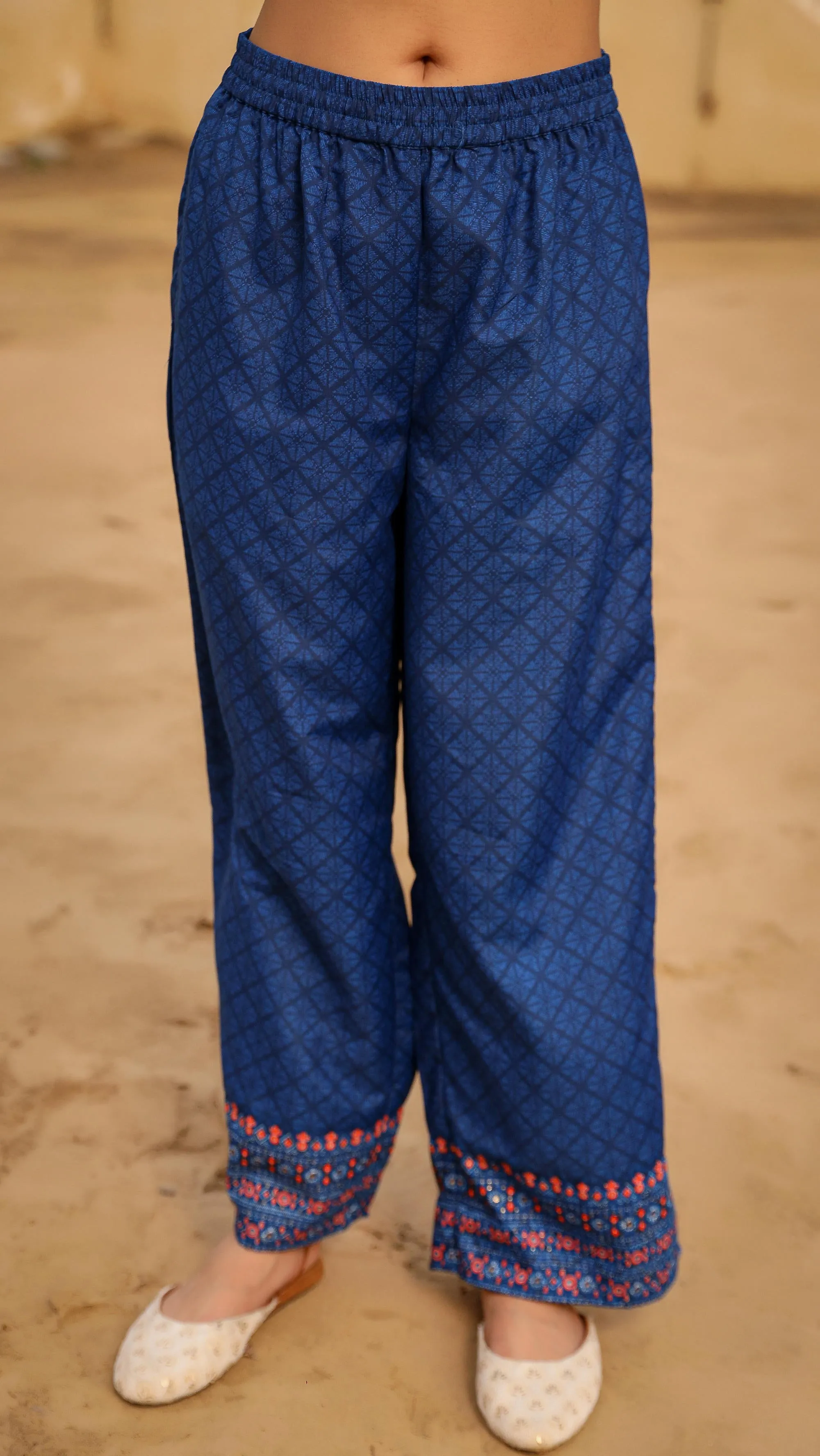 Blue Ethnic Motif Printed Cotton Kurta, Pant And Dupatta Set With Mirror Work