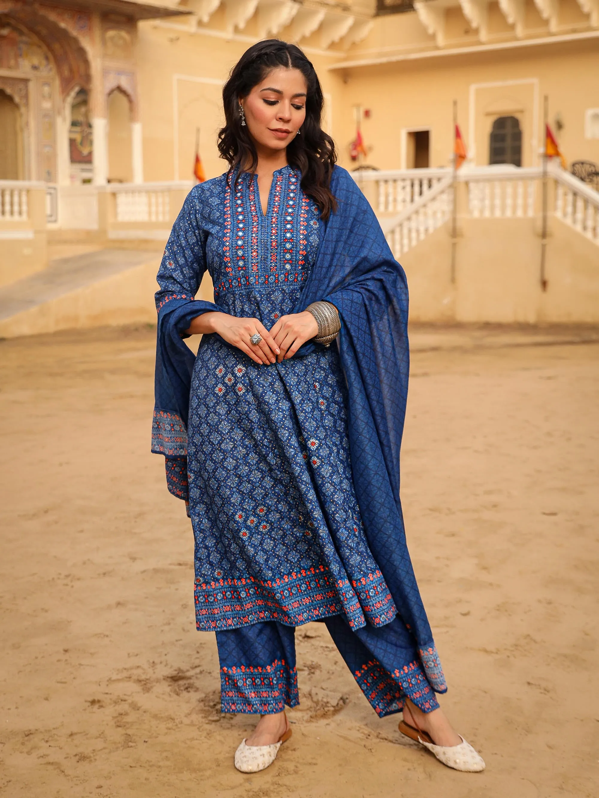 Blue Ethnic Motif Printed Cotton Kurta, Pant And Dupatta Set With Mirror Work