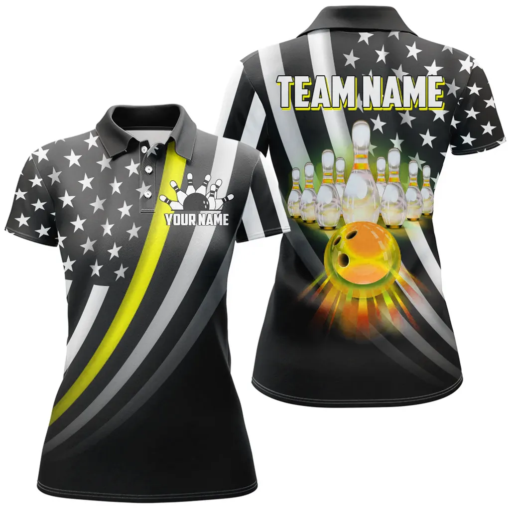 Bowling And Pins Retro American Multicolor Option Customized Name 3D Shirt For Women