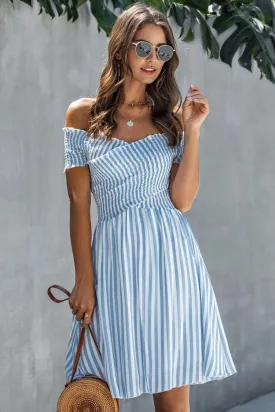 Breezy Off Shoulder Striped Printed Smocked Summer Mini Sundress - Blue