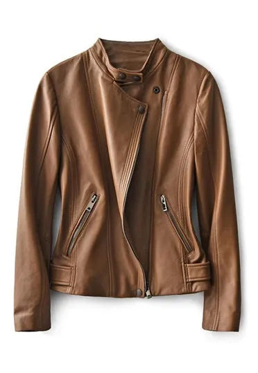 Casual Style Brown Leather Jacket for Women