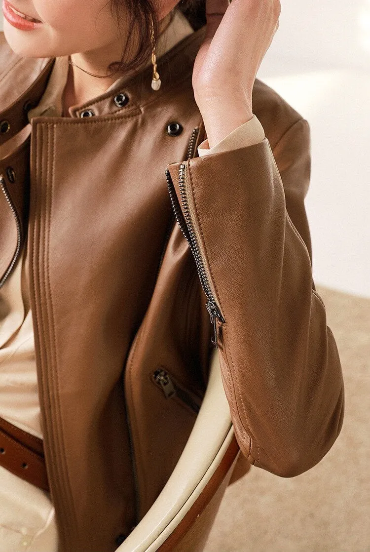 Casual Style Brown Leather Jacket for Women