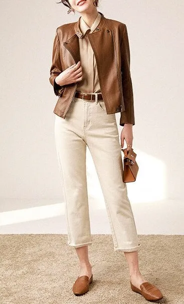 Casual Style Brown Leather Jacket for Women