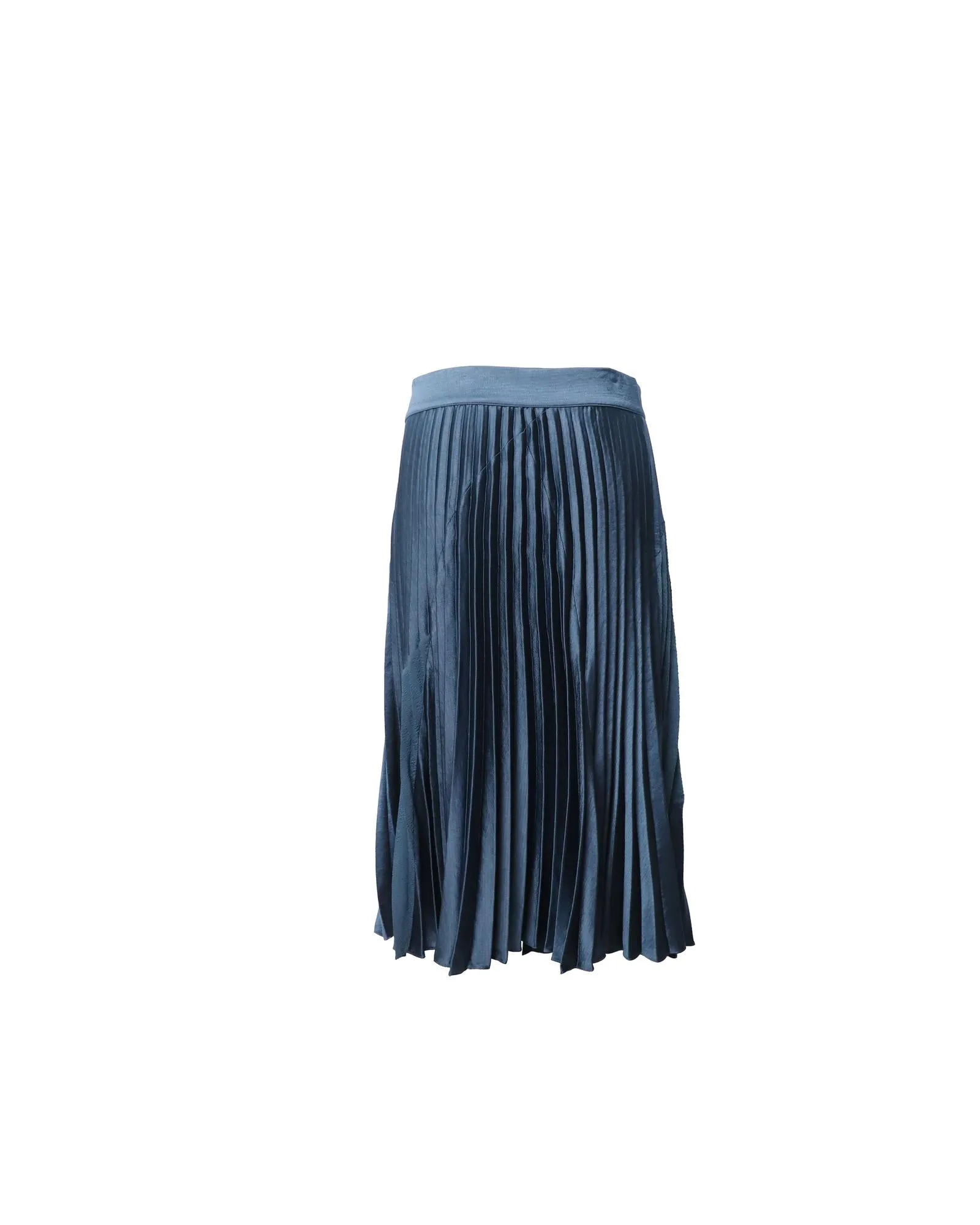 Chevron Pleated Midi Skirt in Navy Blue Silk