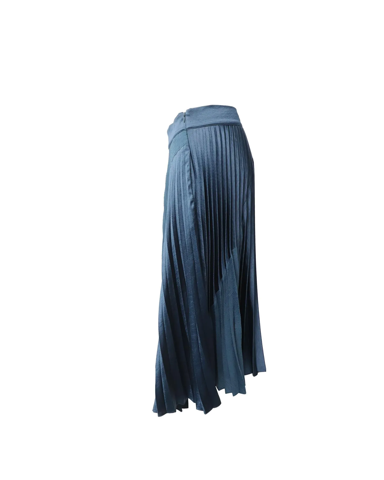 Chevron Pleated Midi Skirt in Navy Blue Silk