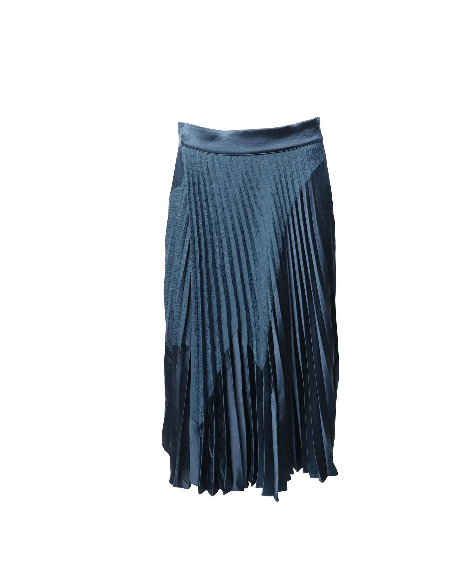 Chevron Pleated Midi Skirt in Navy Blue Silk