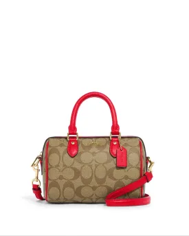 Coach Women's Khaki & Electric Red Mini Rowan Crossbody In Signature Canvas