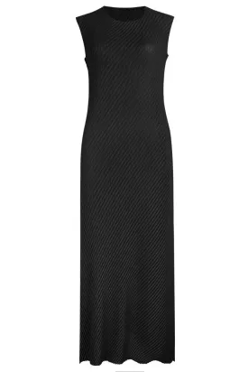 Comfy Diagonal Pleated Crew Neck Sheath Sleeveless Midi Dress - Black