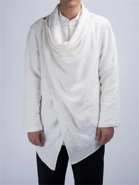 Cotton Linen Simple Split Cowl Neck Shirt for Men