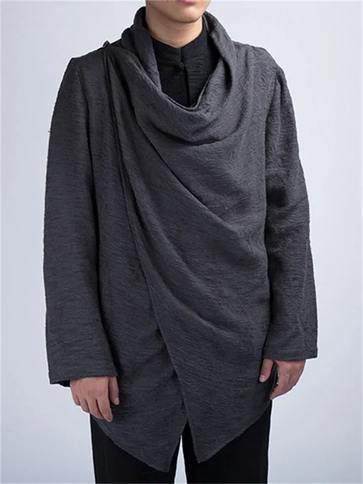 Cotton Linen Simple Split Cowl Neck Shirt for Men