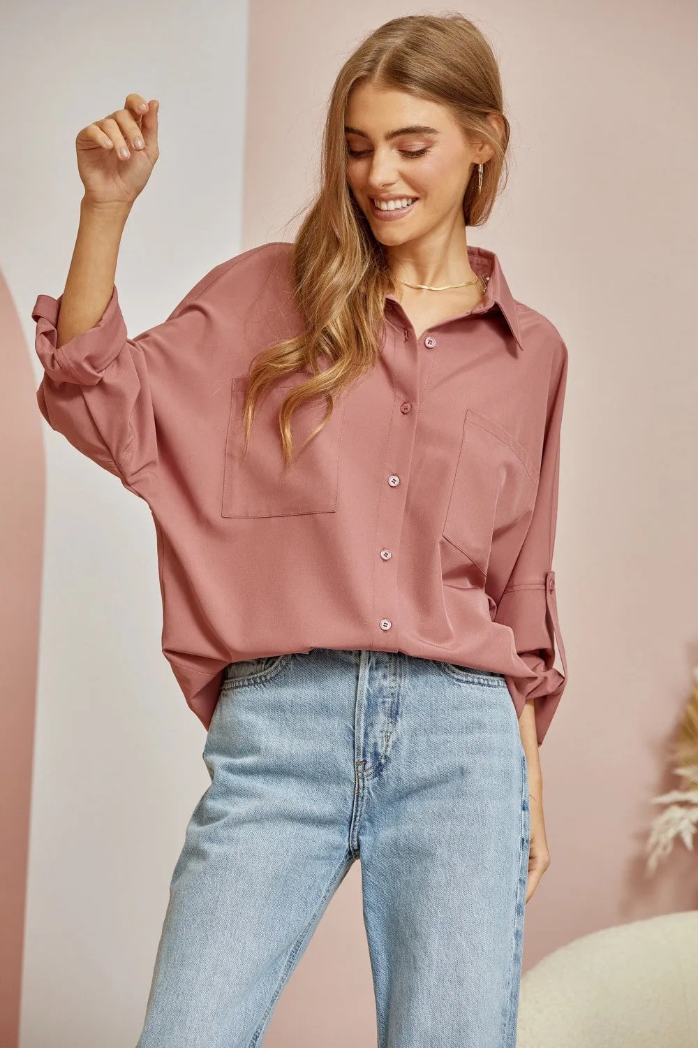 Cranfill Oversized Rolled Sleeve Button Down Top *FINAL SALE*