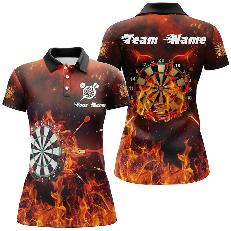 Custom Name Team Multi Color Fire and Dartboard Women Polo Shirt, Perfect Shirt for Dart Lovers