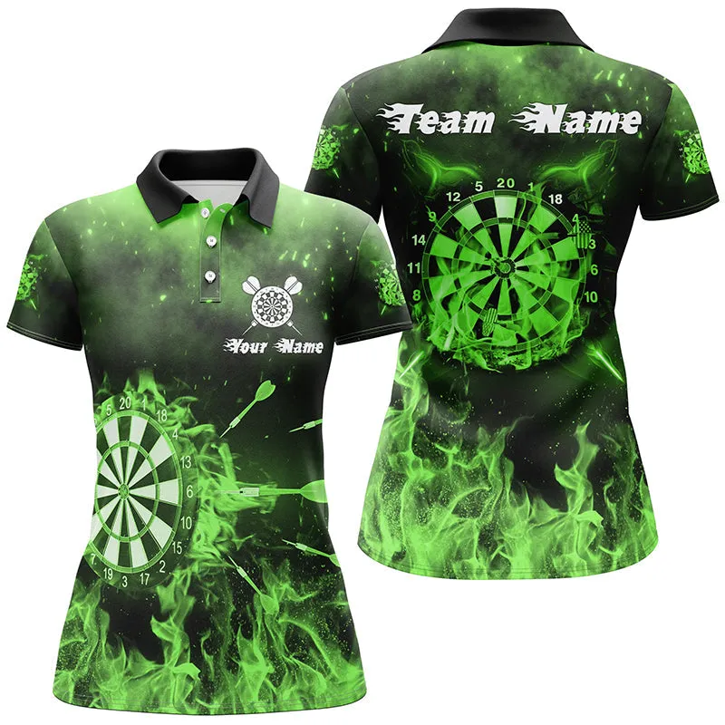 Custom Name Team Multi Color Fire and Dartboard Women Polo Shirt, Perfect Shirt for Dart Lovers