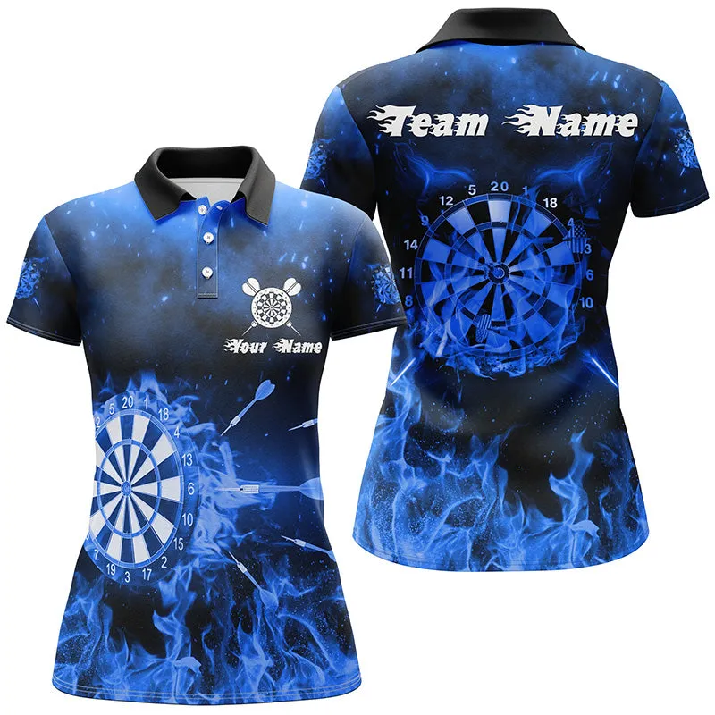 Custom Name Team Multi Color Fire and Dartboard Women Polo Shirt, Perfect Shirt for Dart Lovers