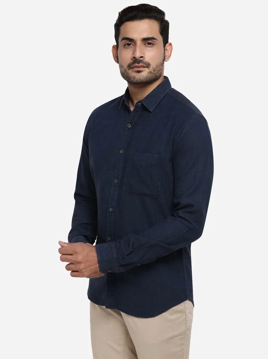 Deep Blue Solid Slim Fit Casual Shirt | Greenfibre