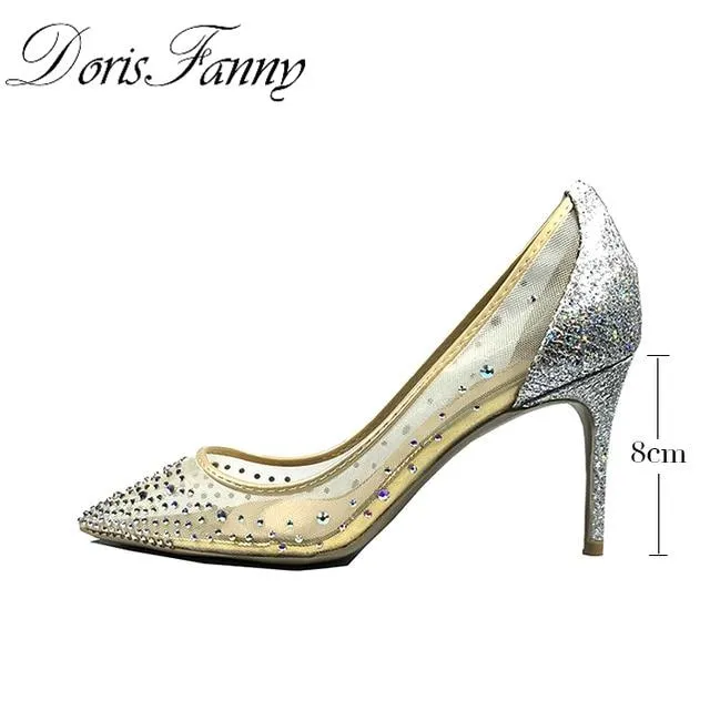 DorisFanny rhinestone Women Pointed Toe Heels Crystal bling Silver Shoes high heels pumps 12cm  see through Party Wedding shoes