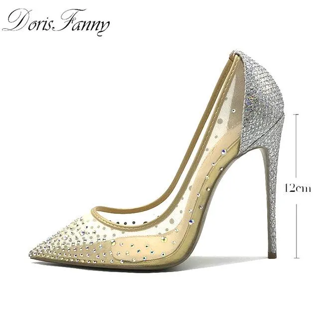 DorisFanny rhinestone Women Pointed Toe Heels Crystal bling Silver Shoes high heels pumps 12cm  see through Party Wedding shoes