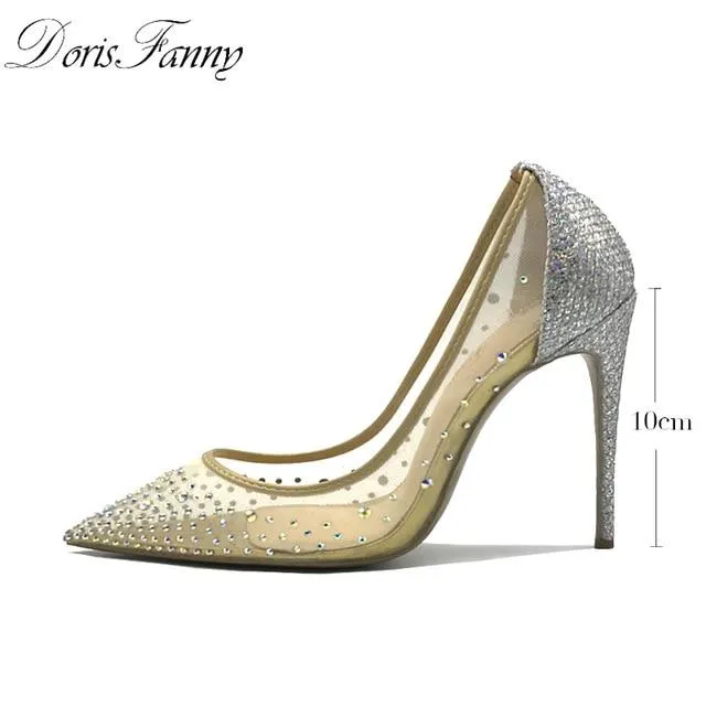 DorisFanny rhinestone Women Pointed Toe Heels Crystal bling Silver Shoes high heels pumps 12cm  see through Party Wedding shoes