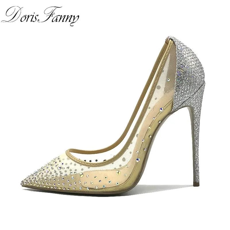 DorisFanny rhinestone Women Pointed Toe Heels Crystal bling Silver Shoes high heels pumps 12cm  see through Party Wedding shoes