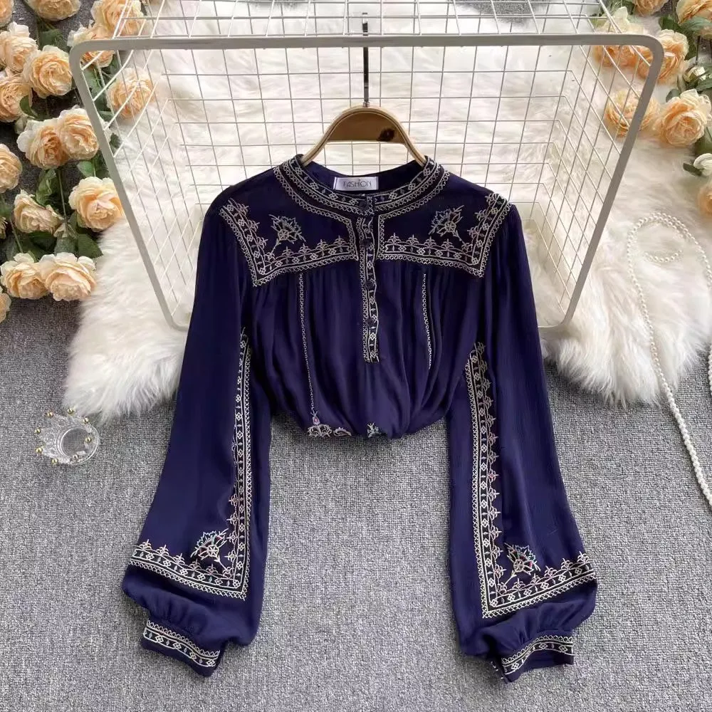 embroidery chiffon top women's design shirt    S4559