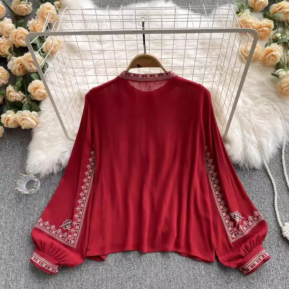 embroidery chiffon top women's design shirt    S4559