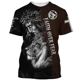 Faith Over Fear Shirts - Jesus And The Lion Of Judah 3D All Over Printed Shirt for Men and Women