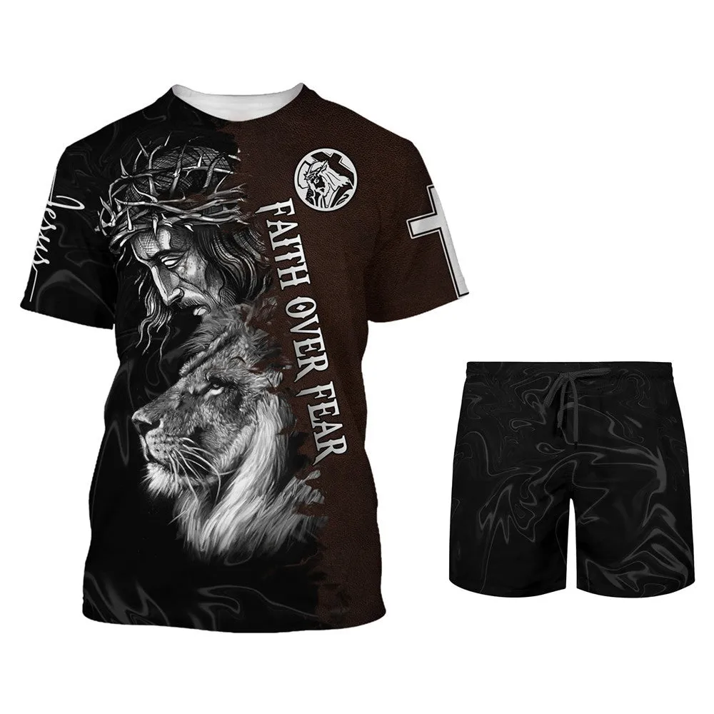 Faith Over Fear Shirts - Jesus And The Lion Of Judah 3D All Over Printed Shirt for Men and Women