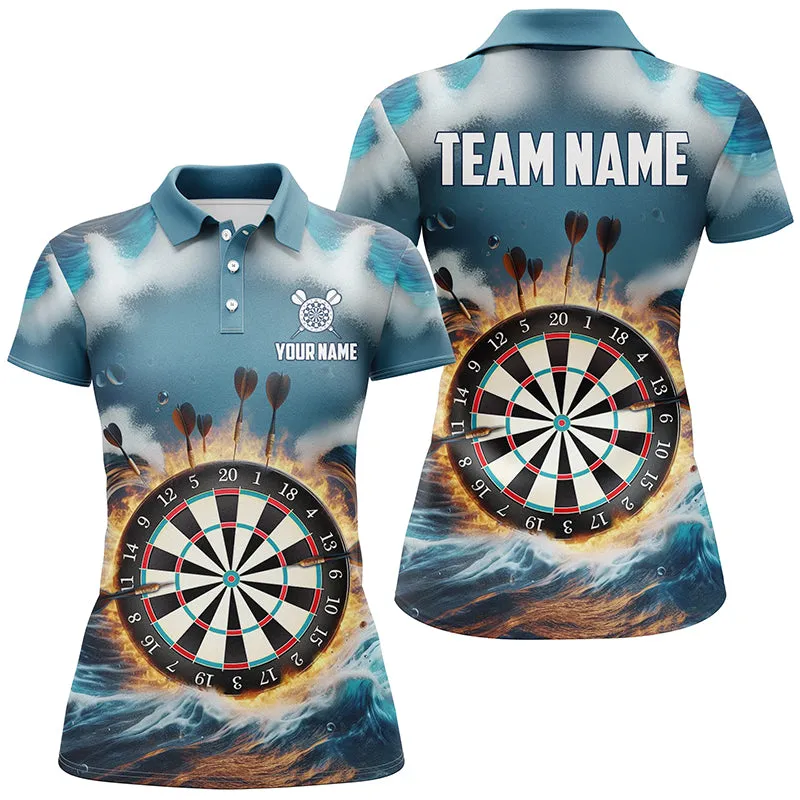 Fire And Water Blue Womens Darts Polo Shirt Custom Darts Shirt For Women