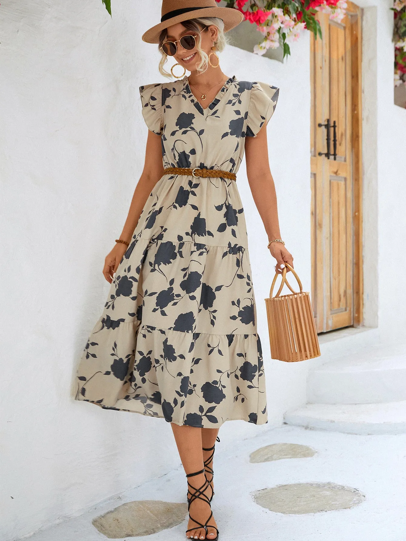 Floral Frill Trim V-Neck Tiered Midi Dress