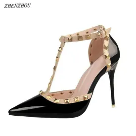 Free shipping shoes woman  Summer Women's shoes fashion female sandals rivet Metal decoration pu leather women high heels