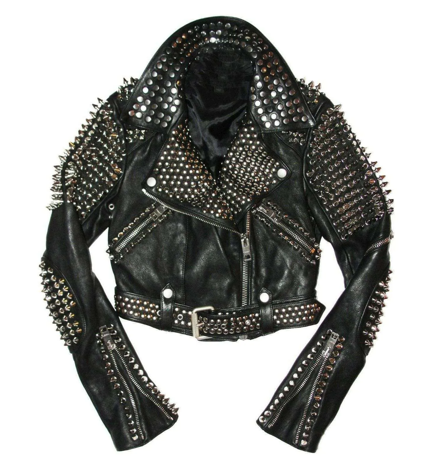 Full Black Punk Brando Silver Spiked Studded Cowhide Leather Jacket