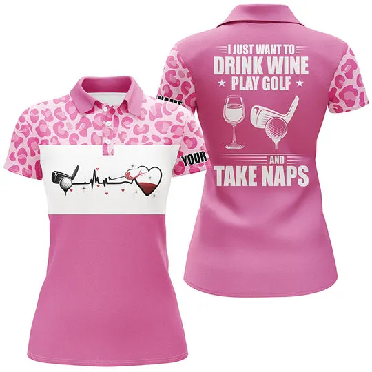 Funny Pink Multi Color Golf Heartbeat Polo Shirt Custom I Just Want To Drink Wine, Play Golf And Take Naps