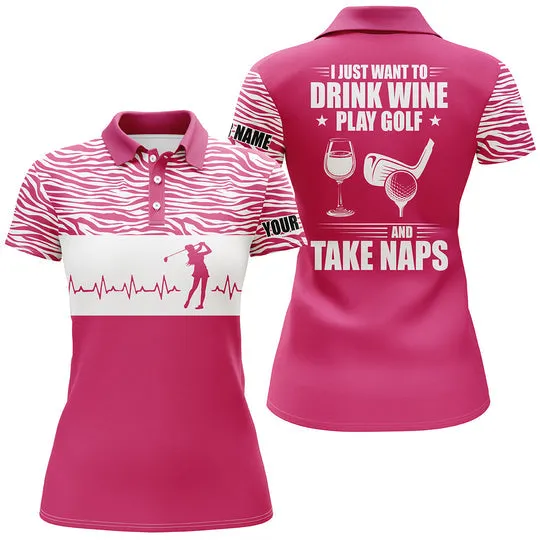 Funny Pink Multi Color Golf Heartbeat Polo Shirt Custom I Just Want To Drink Wine, Play Golf And Take Naps