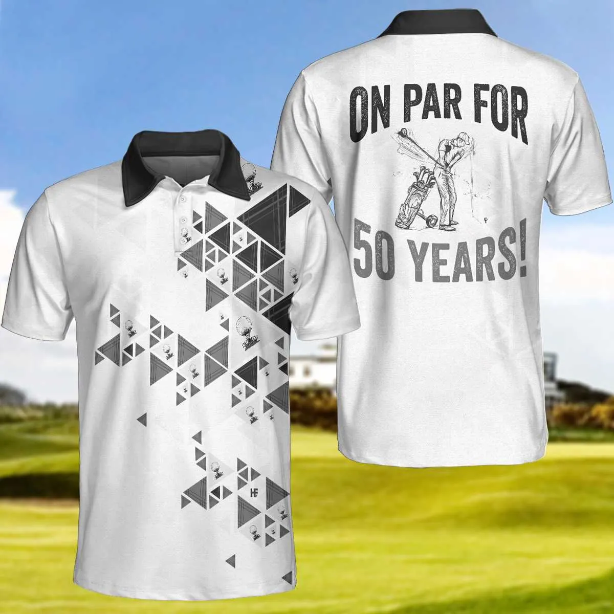 Golf Pattern On Par For Years Polo Shirt, Black And White Polo Shirt, Best Golf Shirt For Men Coolspod