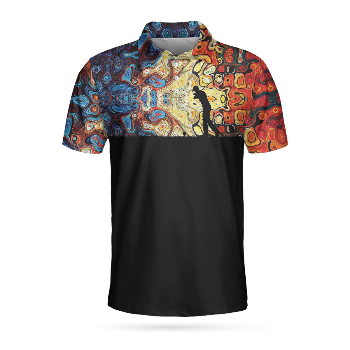 Golf Silhouette With Sky Wavy Abstract Seamless Pattern Polo Shirt, Black Golf Shirt For Men Coolspod